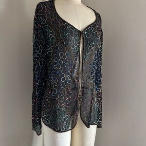Black and multi-coloured sequin beaded vintage 80s JMD New York cardigan glam